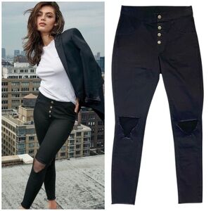 NWOT - Cotton Stretch Denim Leggings with Fishnet Distressed Knee | Black, XS